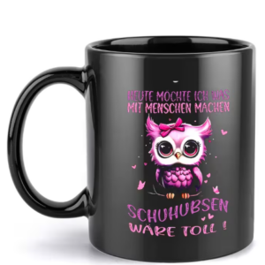 Schwarze Tasse mit Eule, witziges Design