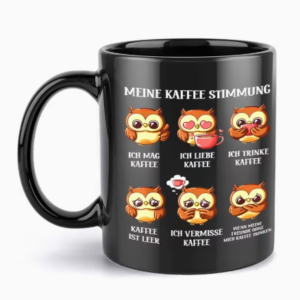 Schwarze Kaffeetasse mit Eulenmotiv